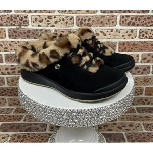 Bzees Black 🖤🤎🖤Leopard Faux Fur Trim Slip On Comfort Shoes Mules Washable -7